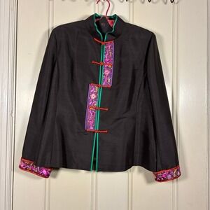 Chinese Embroidered Jacket L Brown Silk Embellished Art to wear Artistic Palace